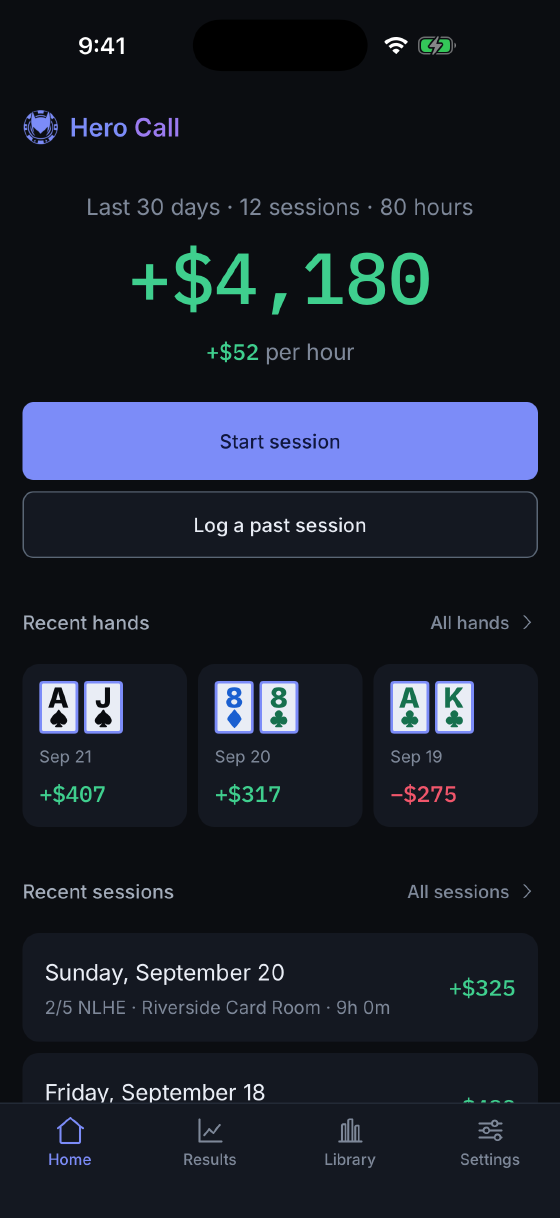 Hero Call's home screen: +$4,180 over the last 30 days, buttons to start a session or log a past one, and the most recent hands and sessions