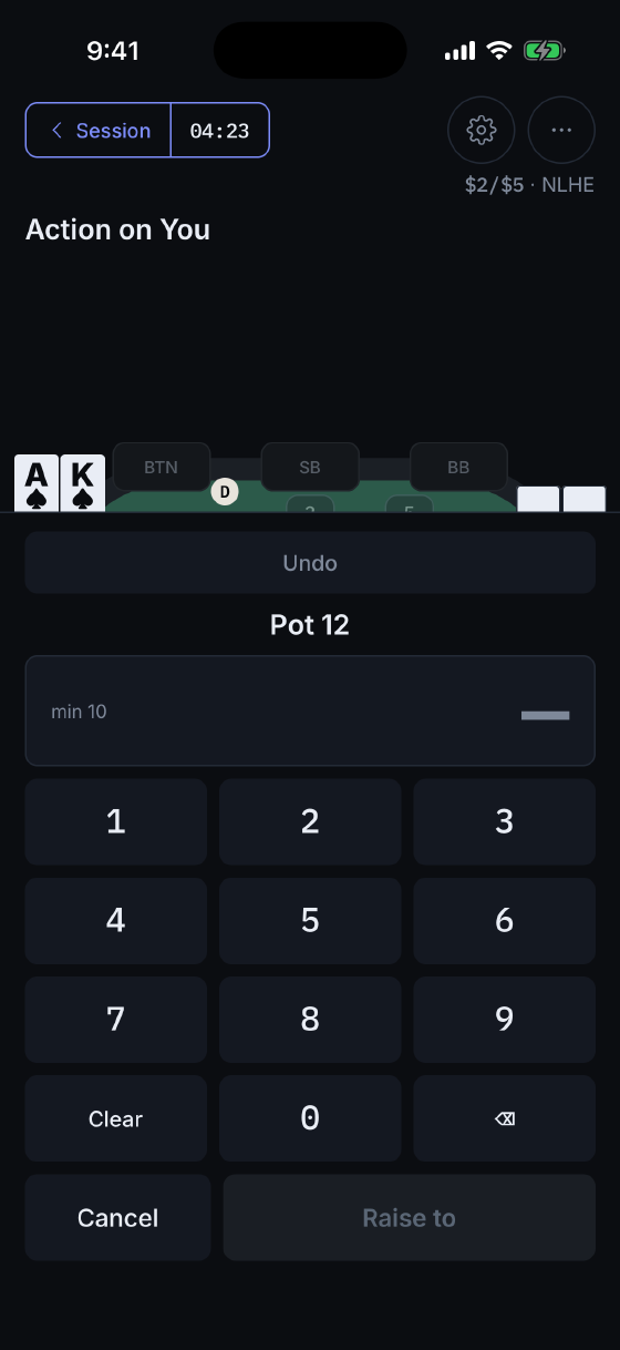 Entering a raise size on a keypad that shows the current pot and the legal minimum raise