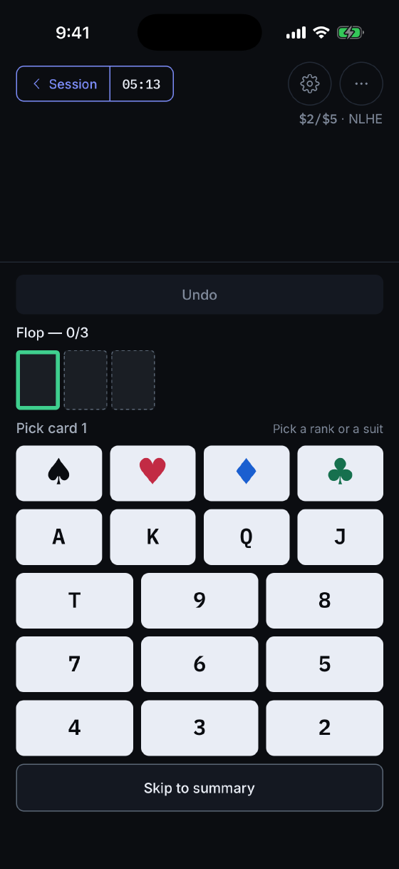Entering the flop a card at a time, with the option to skip straight to the summary