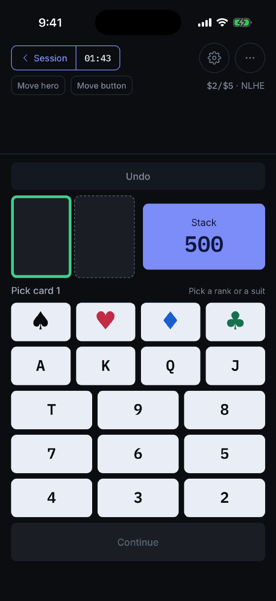 Entering your hole cards by tapping a rank or a suit, with your stack shown alongside