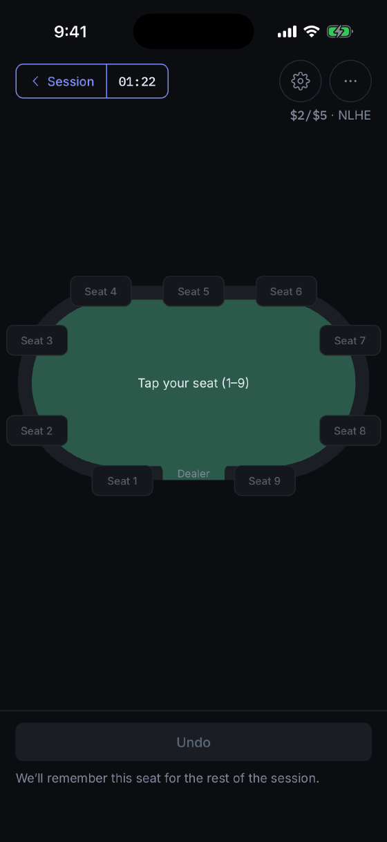 The hand logger's first step: a nine-handed table, waiting for you to tap the seat you're in