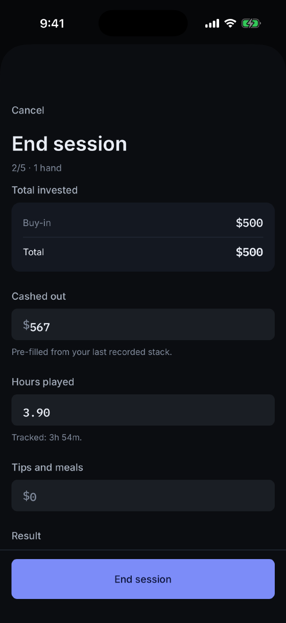 Ending a session: total invested, cash-out pre-filled from the last recorded stack, and hours played pre-filled from the tracked time