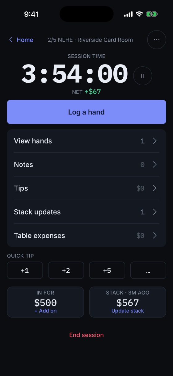 A running session: the clock at 3:54:00 and net +$67, a button to log a hand, and rows for hands, notes, tips, stack updates and table expenses